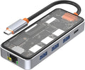 DroiX NT8 Clear USB Hub with Ultra-Fast RJ45 Gigabit Ethernet 4K HDMI 2.0 Output Rapid 100W PD Charging Versatile 3X USB Type-A 3.0 Ports Dual Micro/SD Card Readers Sleek Design.