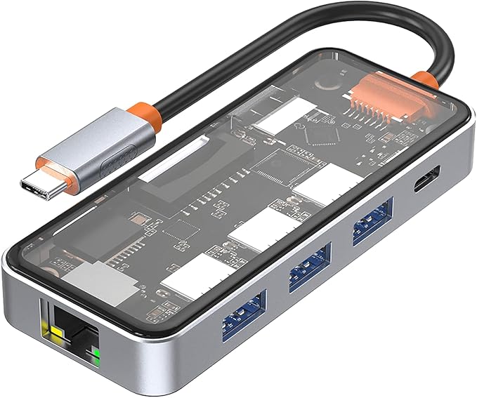 DroiX NT8 Clear USB Hub with Ultra-Fast RJ45 Gigabit Ethernet 4K HDMI 2.0 Output Rapid 100W PD Charging Versatile 3X USB Type-A 3.0 Ports Dual Micro/SD Card Readers Sleek Design.