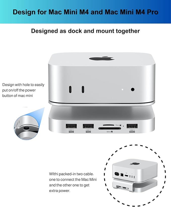 Mac mini M4 Dock Aluminum Stand and Hub for Mac mini M4 and M4 Pro 2024 with M.2 NVMe SSD Enclosure 2X USB-A 10Gbps SD/TF Card Readers USB 2.0 Data (MC60)