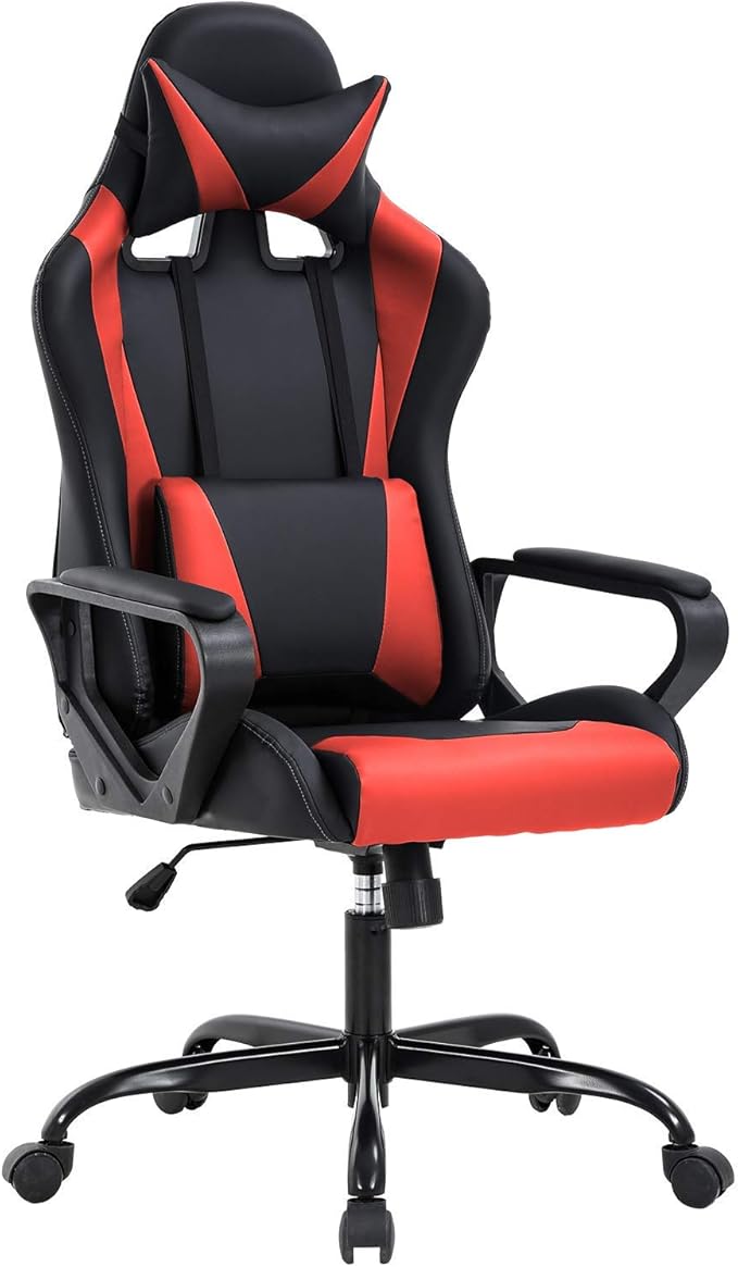 Gaming Chair with Lumbar Support High-Back Office Chair for Adults with Ergonomic Computer Racing Chair PU Desk Task Chair with Support Flip Up Arms Headrest Red