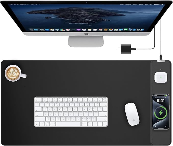 TopMade Mouse Pad with 15W Wireless Charging Waterproof Gaming Mousepad with Ultra-Smooth Surface Non-Slip Base 31.5x15.75 XXL Large Desk Pad (Includes 20W PD Power Adapter &amp 6.56ft Woven Cab