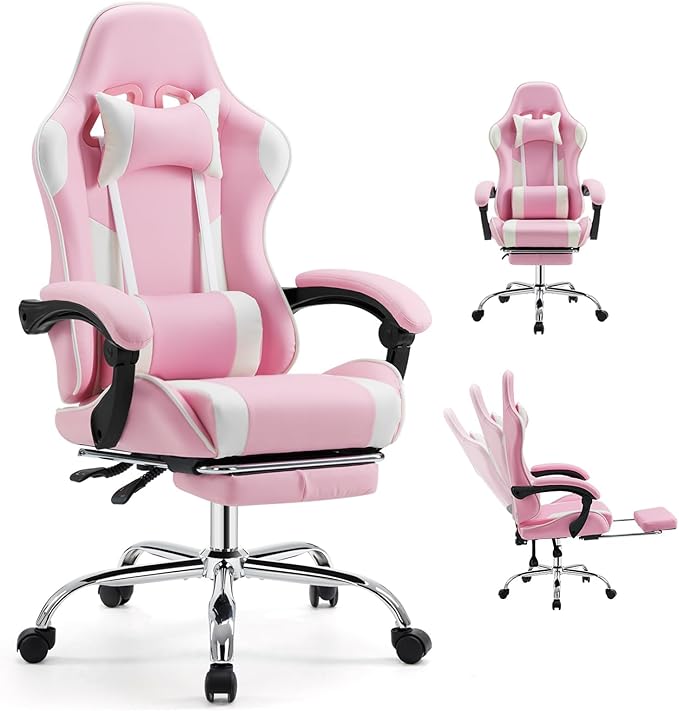 edx Ergonomic Gaming Chair PU Leather Office Computer Chair with Footrest Headrest Linkage Armrests Height Adjustable 360° Swivel Reclining (Pink)