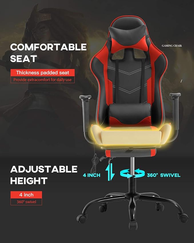 Ergonomic PU Leather Massage Chair with Footrest/Armrest/Lumbar Support for Adults Racing Style Big and Tall Gaming/Work/Study Chairs