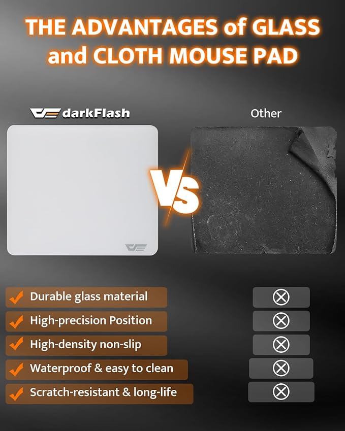 darkFlash Glass Mouse Pad 11.8×10.2 Inch Ultra-Smooth Tempered Surface Precision Tracking Anti-Slip Rubber Base Durable Etched Finish Ideal for Gaming &amp Work (White)