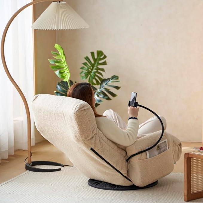 360° Swivel Lounge Chair with Adjustable Headrest &amp Lumbar Support – Rotatable Modern Gaming Recliner for Living Room Bedroom or Balcony (Beige)