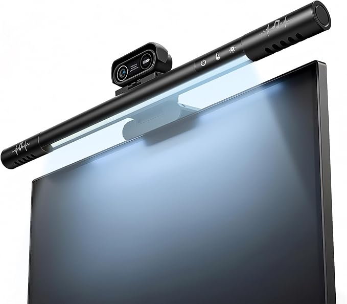 4K Webcam with Microphone and Speaker 4-in-1 Web Cam with Integrated Fill Light Bar Webcam for Pc Have Dual Speakers HDR Auto Light Correction Privacy Cover for Computer We bcam &amp Standing De
