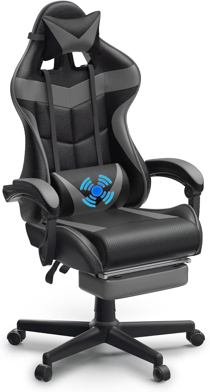 Soontrans Grey Gaming Chairs with FootrestErgonomic Computer Game Chair Gamer Chair with Lumbar Pillow and Adjustable Headrest (Galaxy Grey)