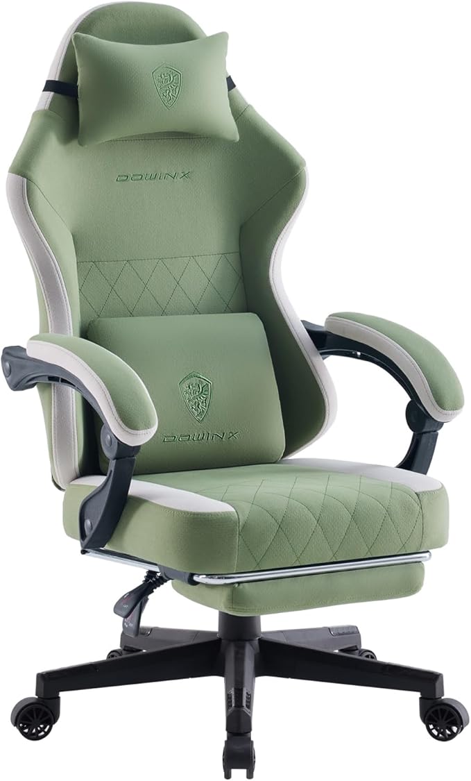 Dowinx Fabric Gaming Chair Computer Office Chair with Pocket Spring Cushions and Lumbar Support Ergonomic Massage Gaming Chairs with Footrest for Big and Tall Green