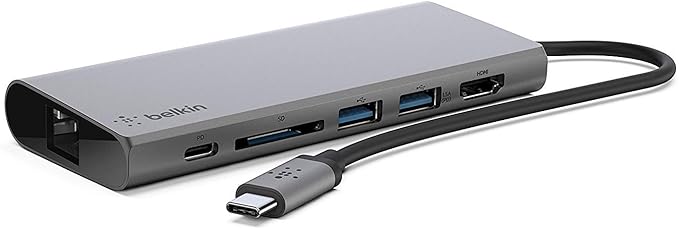 Belkin USB-C Hub 6-in-1 Multi-Port Docking Station for iPad iPad Pro iPad mini MacBook &amp More - 60W Power Delivery 3.0 4K HDMI USB-A Ethernet &amp SD Card Ports