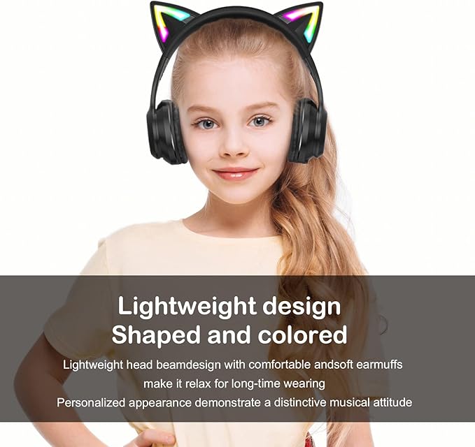 Bluetooth Cat Ear Headphones for Kids &amp Adults Wireless &amp Wired Mode Foldable Headset with Mic - Clear Sound Quality - RGB LED Light for Girls School Gaming for Phone/Laptop/PC/Tablet Blac