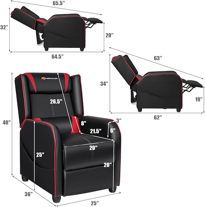 Goplus Massage Gaming Recliner Chair Racing Style PU Leather Single Recliner Sofa with Footrest Adjustable Modern Living Room Recliners Ergonomic Home Theater Recliner Seat (Red)