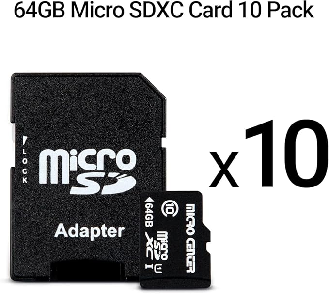 Micro Center 64GB Class 10 MicroSDXC Flash Memory Card 10 Pack with Adapter for Mobile Device Storage Phone Tablet Drone &amp Full HD Video Recording - 80MB/s UHS-I C10 U1 (10 Pack)