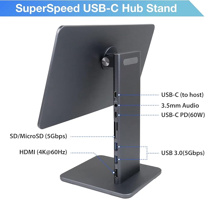 Magnetic iPad Stand Hub Docking Station for Air 10.9-inch Pro 11-inch | 60W USB-C DP 4K@60Hz HDMI 5Gbps USB A 3.5mm Audio Card Readers