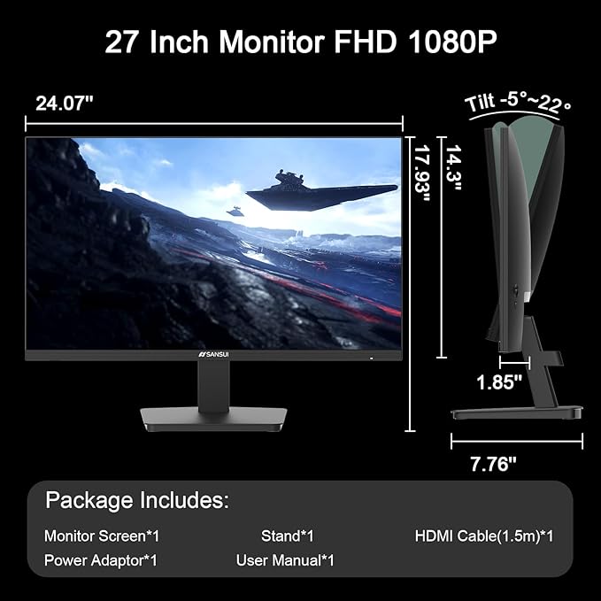 SANSUI 27-Inch IPS Monitor 120Hz Full HD 1920x1080 HDMI and DisplayPort VESA Mountable