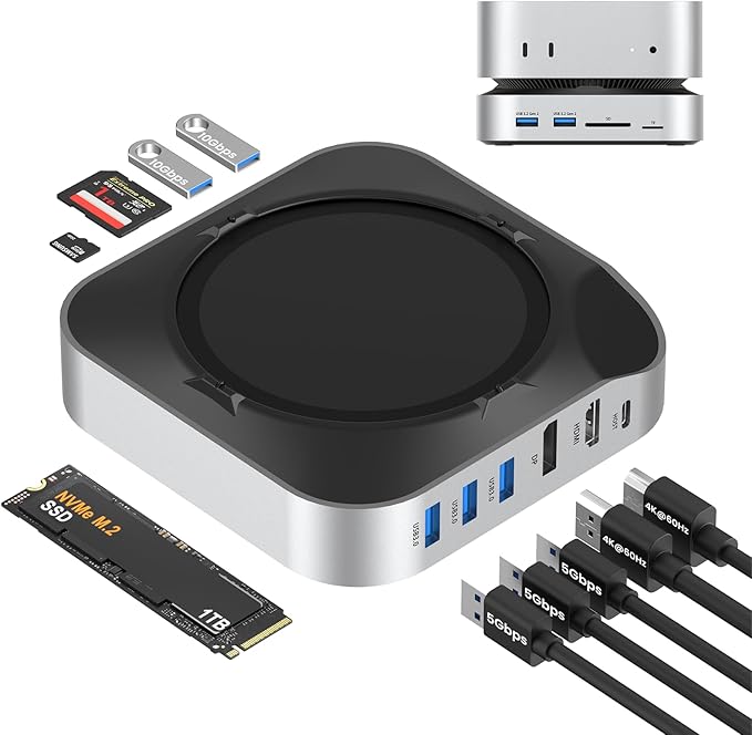 Mac mini M4 Dock with NVMe SSD Enclosure Docking Station Dual Monitor for Mac mini M4/M4 Pro 6-Port USB-C Hub with 4K60Hz HDMI DisplayPort SD/TF Card Reader 10Gbps USB-A