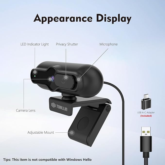 TOALLIN 4K Webcam for PC 1080P@60FPS PDAF Autofocus 1/2.5 Sensor &amp 12MP Built-in Mic and Sliding Privacy Cover USB Web Camera for Gaming Conferencing Streaming and Video Calls