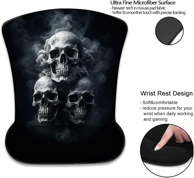 Mouse Wrist Rest and Keyboard Wrist Rest Pad+ Coaster Set Non-Slip Rubber Base Smooth Surface Ergonomic Gaming Mouse Pad for Easy Typing and Pain Relief Smoke Skull