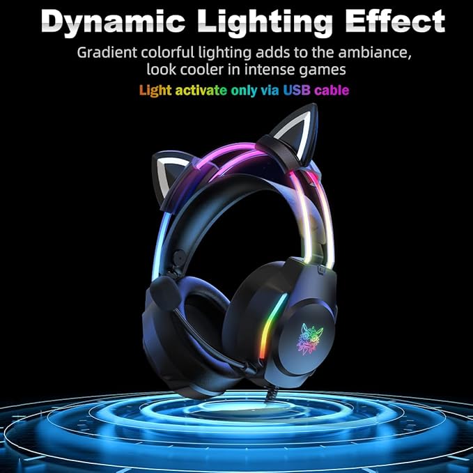 Gaming Headset with Microphone Cat Ear Headphones for PC Laptop PS4 PS5 Xbox Switch Rainbow RGB Lighting &amp Virtual Surround Sound 3.5mm Wired Over Ear Headphones Ergonomic