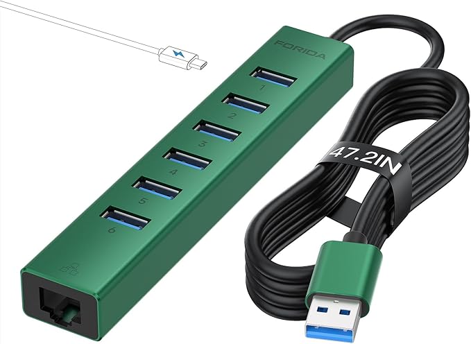 7 Ports USB 3.0 Hub USB to Network HUB with 3.9ft Long Cable for Laptop USB Splitter with Gigabit Ethernet Port and 5V/3A Power Port MultiPort Aluminum Hub for iMac PC Flash Drives (Green)