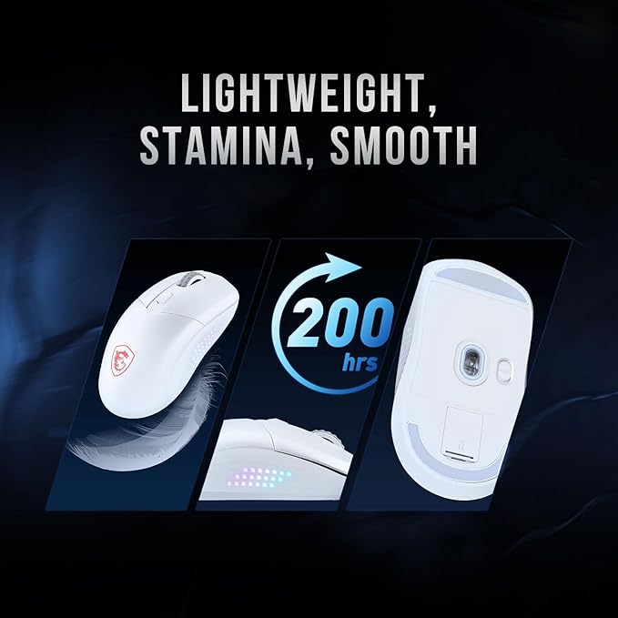 msi Versa 300 Elite Wireless White Gaming Mouse - 26000 DPI Optical Sensor 1000 Hz Polling Rate Symmetrical 60M+ Click OMRON Switches 6 Buttons 200-Hour Battery 1ms Latency RGB 65g