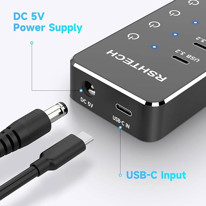 RSHTECH 7-Port Powered USB 3.2/USB-C Hub Splitter with 3 x 10Gbps USB-3.2 Ports (2C + 1A)4 USB-3.0 Ports (2C + 2A) 3.3ft Cable Touch Switches and 5V Power Adapter for Laptop PC