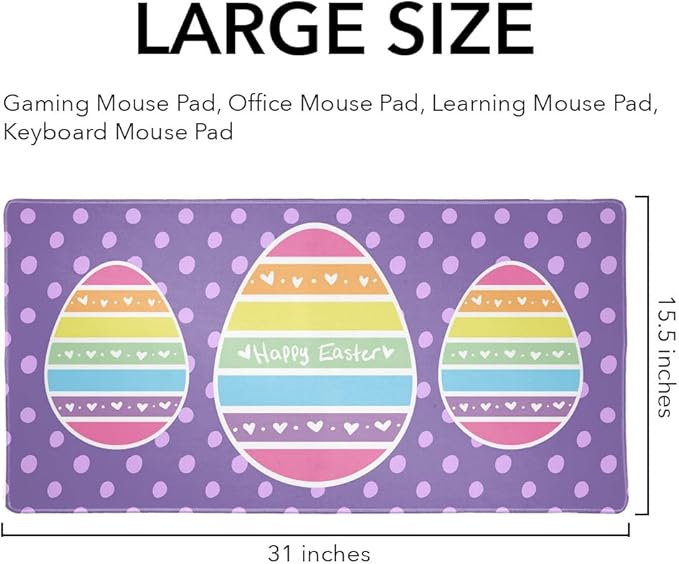 Cute Rainbow Happy Easter Egg Large Gaming Mouse Pad Desk Mat with Stitched Edges Non-Slip Base for Gamer Home and Office