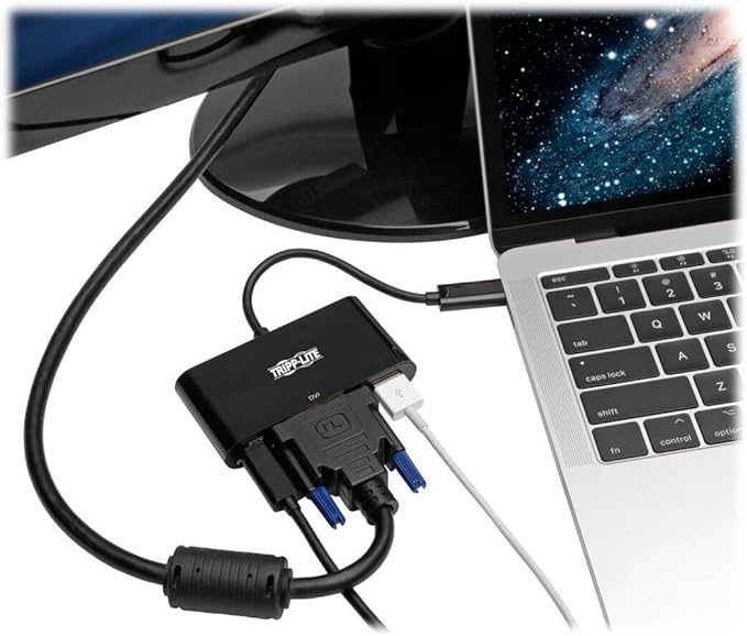 Tripp Lite USB C to DVI Adapter Converter w/ USB-A Hub &amp PD Charging USB Type C Thunderbolt 3 USB-C 1080p Black(U444-06N-DUB-C)