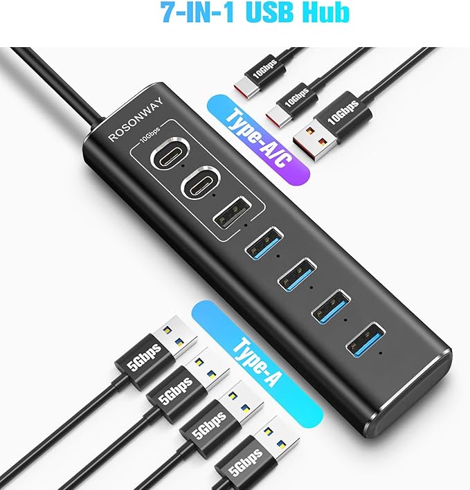 Powered USB Hub Rosonway 7-Port USB 3.2/USB C Hub with 10Gbps USB-A 3.2 2 USB-C 3.2 4 USB 3.0 Ports Individual Switches and 12V Power Adapter Aluminum USB Port Expander for Laptop/PC RSH-A107C