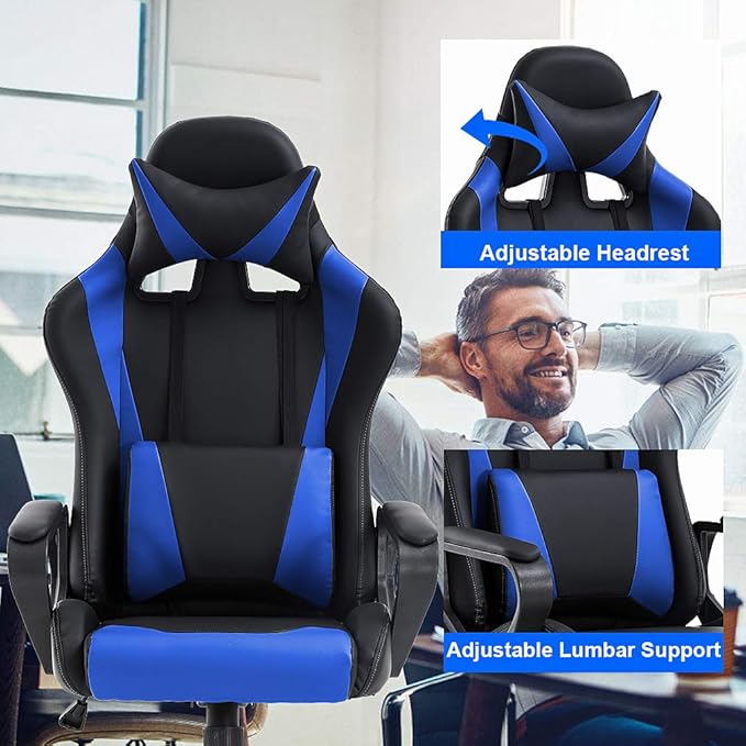 BestOffice High-Back Gaming Chair PC Office Chair Computer Racing Chair PU Desk Task Chair Ergonomic Executive Swivel Rolling Chair with Lumbar Support for Back Pain Women MenBlue