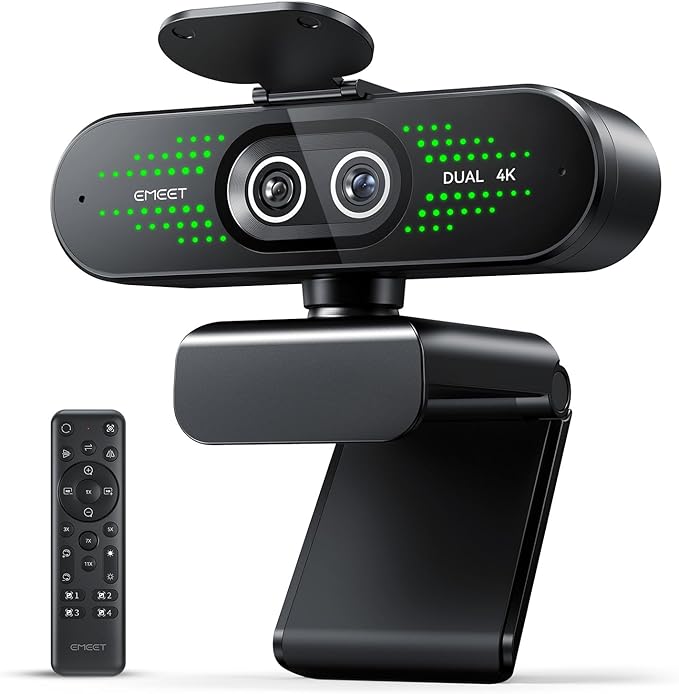 EMEET NOVA 4K Dual-Camera 4K Webcam for PC Wide-Angle and Telephoto Cameras Max 11X Hybrid Zoom PDAF Focus Remote Control RGB Lights Webcam with Microphone for Business or Personal Online Calls