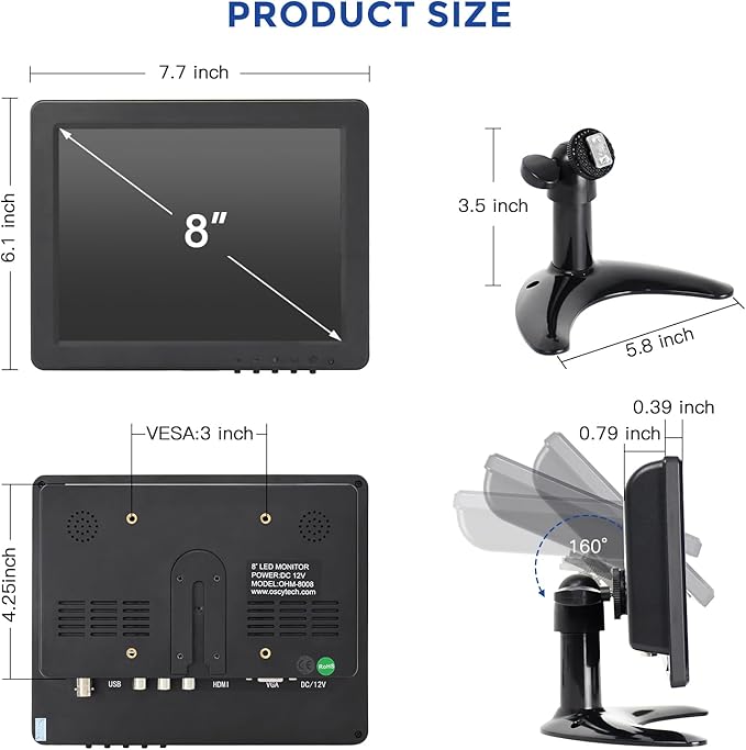 OSCY 8 Inch Small Monitor 4:3 HDMI Monitor 1024x768 Support HDMI/VGA/AV/BNC Input with Remote Control &amp Built-in Speakers Mini Color Screen Display for Computer TV Raspi CCTV Camera Car