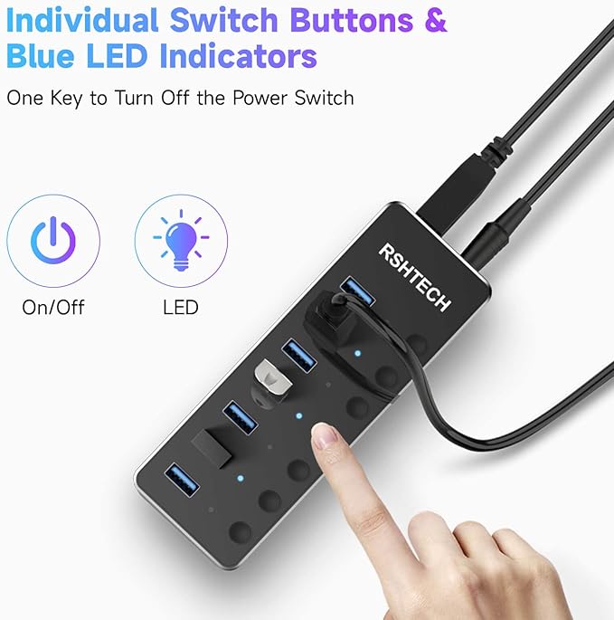 Powered UBS Hub RSHTECH 7 Port USB 3.0/USB C Hub Upgraded Version Aluminum USB Splitter with 2-in-1 USB Cable5V 3A Power Adapter and Individual Switches USB Port Expander for Laptop/PC RSH-ST07