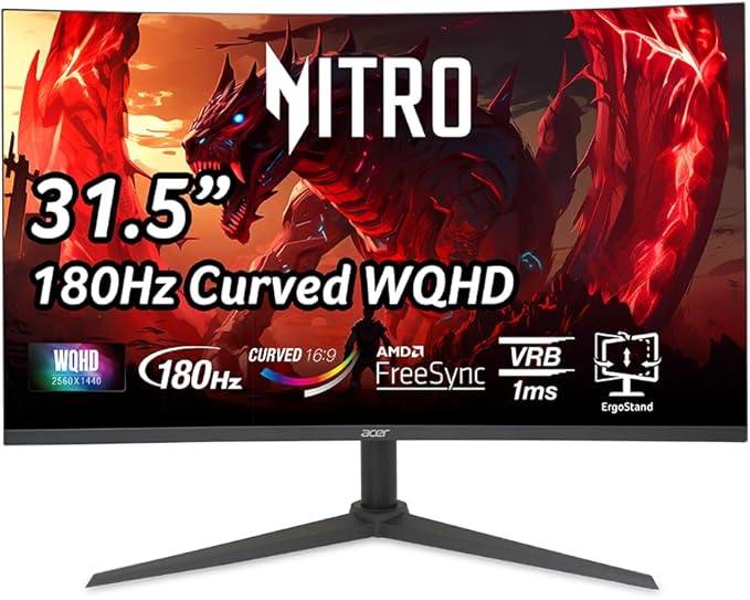 acer Nitro 31.5 Inch WQHD 2560 x 1440 1500R Curved PC Gaming Monitor | AMD FreeSync | Up to 180Hz Refresh | 1ms VRB | Speakers | One Display Port 1.4 &amp Two HDMI 2.0 | XZ320QU S3bmiiphx