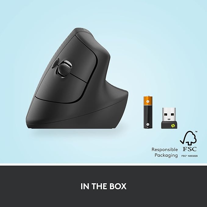 Logitech Lift Vertical Ergonomic Mouse Wireless Bluetooth or Logi Bolt USB Receiver Quiet clicks 4 Buttons Compatible with Windows/macOS/iPadOS Laptop PC - Graphite (Renewed)