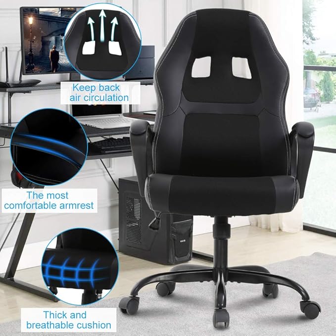 Gaming Chair Ergonomic Computer Desk Chair Adjustable PU Leather Racing Chairs with Lumbar Support Armrest High Back Swivel Computer Chairs for Adults Black