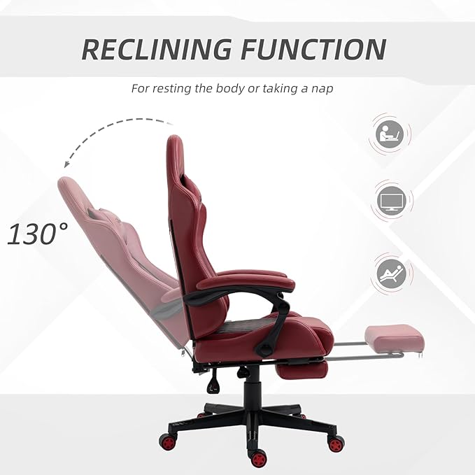 Gaming Chair Ergonomic PU Leather Office Chair High Back Swivel Recliner with Footrest Lumbar Support Adjustable Height 360° Rotation (Red)