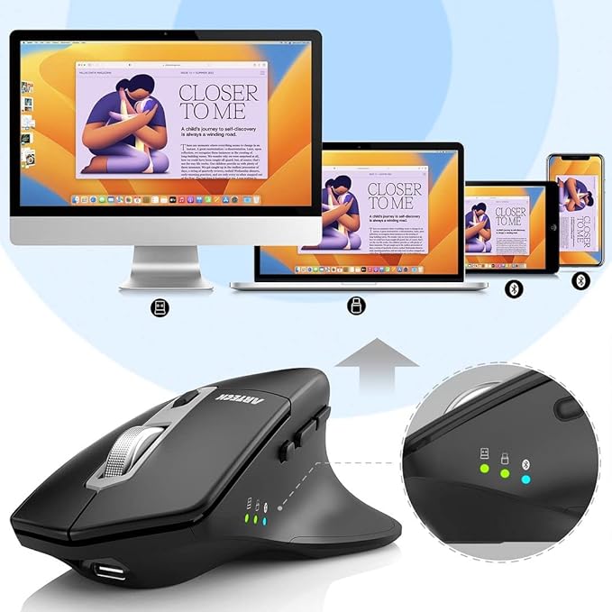 Arteck Multi-Device Wireless Bluetooth Mouse with Nano USB-A USB-C Receiver Ergonomic Right Hand Silent Clicking Rechargeable Mouse for Computer Desktop PC Laptop Mac iPad and Windows 11/10 iPad OS