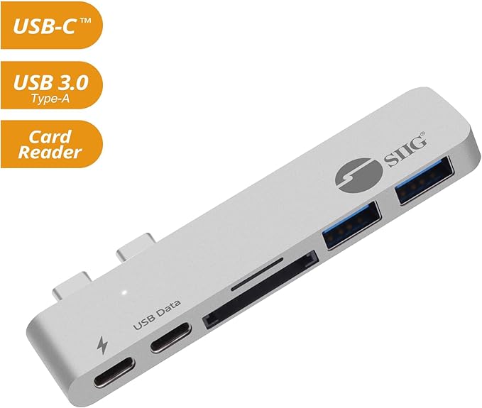 SIIG Thunderbolt 3 USB Type C Hub Adapter for 13 or 15 MacBook Pro - 5k Video Resolution 40Gbps Data Speed - USB C Data Port 2 USB 3.1 SD/Micro SD Card Reader Slot - Silver