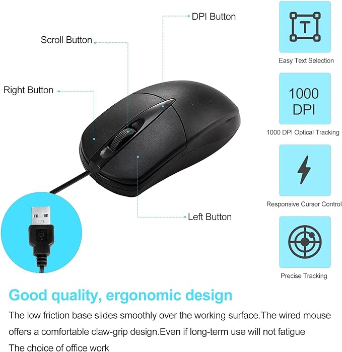 20 PCS Black Wired Computer Mouse Bulk USB 1000 DPI 3 Button Corded Mouse with Home Office Noiseless Simple USB Mouse for Computer Laptop Desktop PC