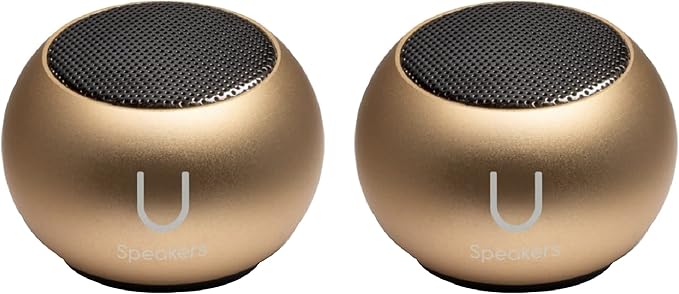 Fashionit U Speakers Mini Bluetooth Computer Speaker 2-Pack Bundle with Matching Speaker Built-in Mic &amp Selfie Remote Control for Workspace Desktop Laptop Mobile Tablet PC - Gold