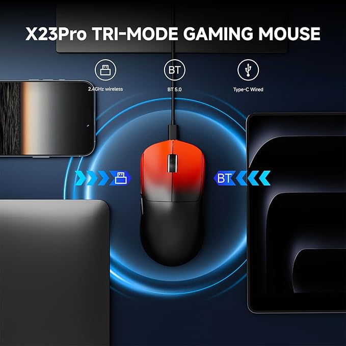 X23Pro Wireless Gaming Mouse 2.4G/BT5.0/USB-C Esports Gaming Mouse 800mAh Lightweight Mouse Gaming 12000 DPI Wireless Mouse with 6 Programmable Buttons for Laptop/PC/Mac Black-red