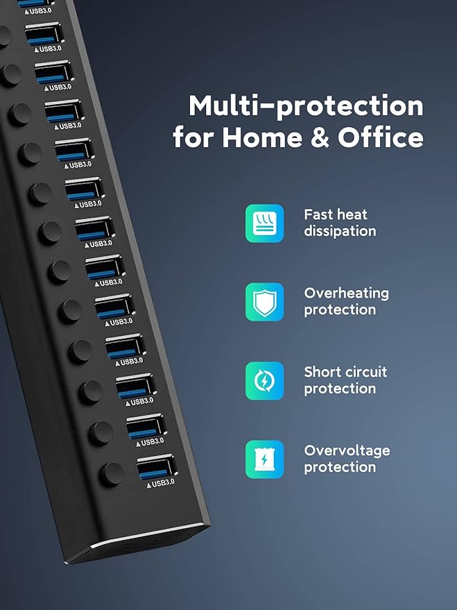 Powered USB Hub Rosonway 16 Ports 96W USB 3.0 Data Hub Aluminum USB Hub 3.0 Splitter with 12V/8A Power Adapter and Individual On/Off Switches RSH-A16 (Black)
