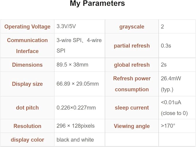2.9inch e-Paper Display Module 296x128 Resolution 3.3V/5V Two-Color epaper Display E-Ink Screen Module SPI Interface Compatible with Raspberry Pi/Arduino/Jetson NanoSupport Partial Refresh