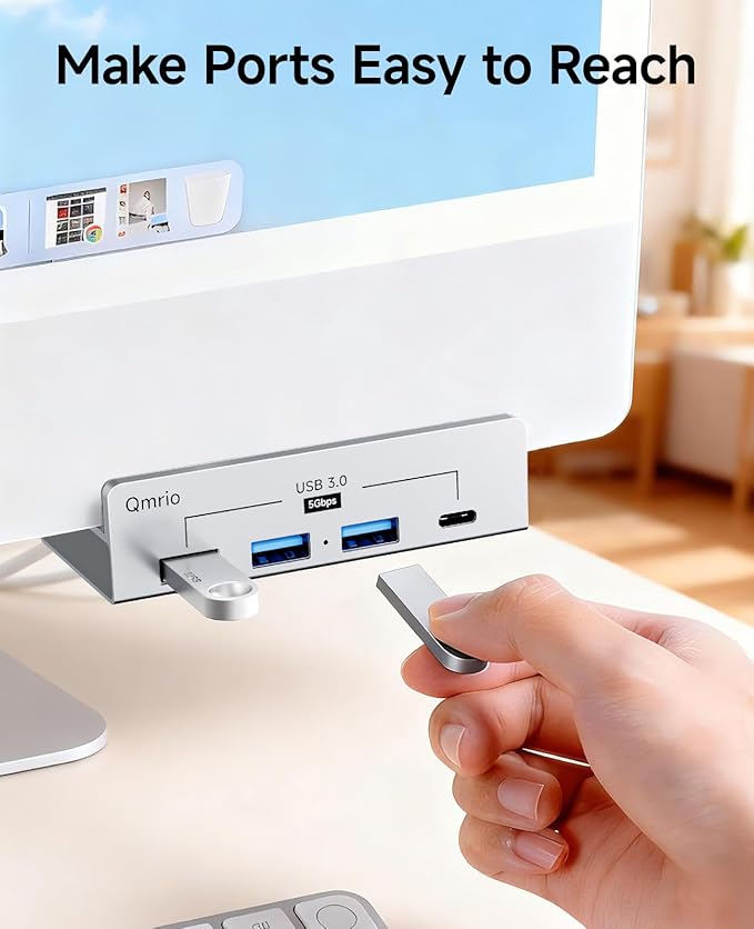 USB Hub 3.0 5Gbps Clamp USB Hub for Desk/Monitors with Extra Power Supply Port 3 USB-A Data Ports USB-C Data Port for iMac Pro/iMac (Silver)