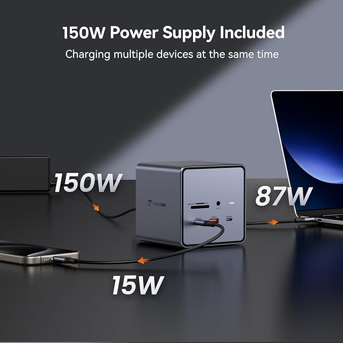 TobenONE USB C Docking Station Dual/Triple Monitors with 150W Power Adapter for Dell/HP/Lenovo/Surface/Asus/Chromebook 2 HDMI DP 5 USB Ethernet SD 4.0/Micro SD
