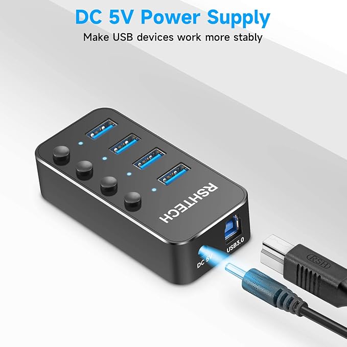 RSHTECH 4 Port Powered USB 3.0/USB C Hub Upgraded Version with 2-in-1 3.3ft USB Cable5V Power Adapter and Individual Switches Portable Aluminum USB Splitter for Laptop and PC RSH-ST04 (Pack of 2)