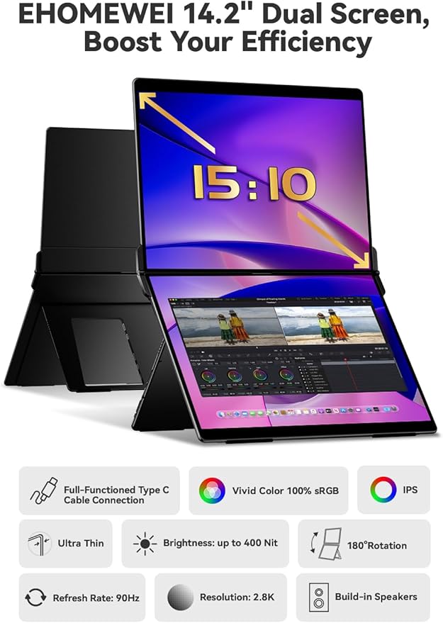 EHOMEWEI X1 Air 14.2 Inch 90Hz Refresh Rate with 2.8K Display Dual-Screen 400 Nit Brightness 100% sRGB Portable Monitor for Gaming and Office Working