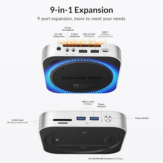 iDsonix Mac mini M4 Dock with M.2 NVMe/SATA SSD Enclosure 2*USB A 10Gbps 2*USB A 5Gbps TF/SD Slot 3.5mm Audio Docking Station for Mac mini M4/ M4 Pro- M4D1
