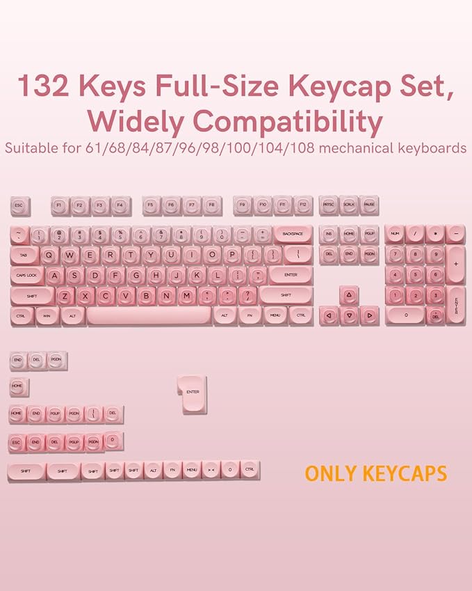 132 Keys PBT Keycaps Jelly Keycaps Cute Custom Creamy Key caps MOA Profile for 61/68/84/87/98/100 Cherry Gateron MX Mechanical Keyboards Pink