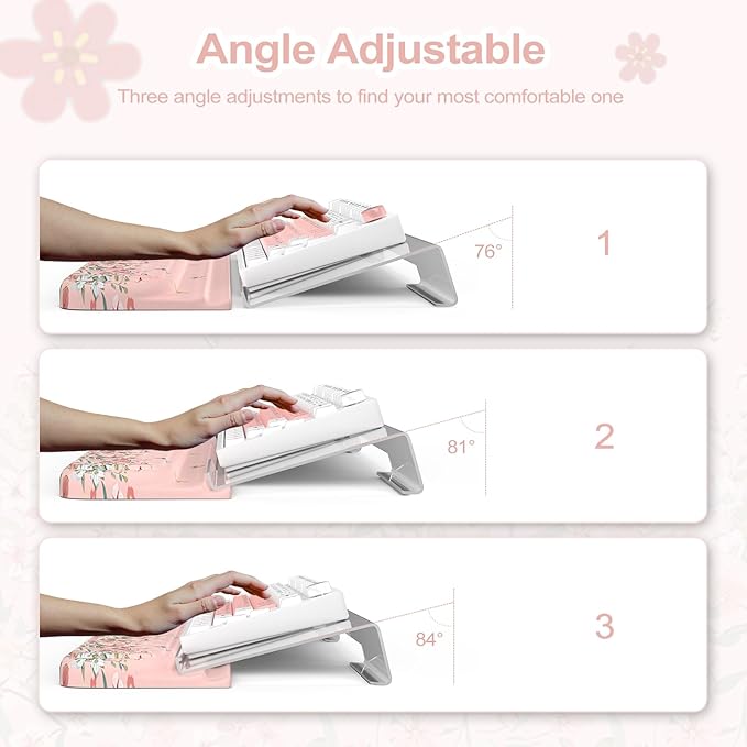 2 in 1 Keyboard Stand with Wrist Rest 3-Angle Adjustable Keyboard Riser for Typing Anti-Fatigue Memory Foam Wrist Support for Office Home (Pink)